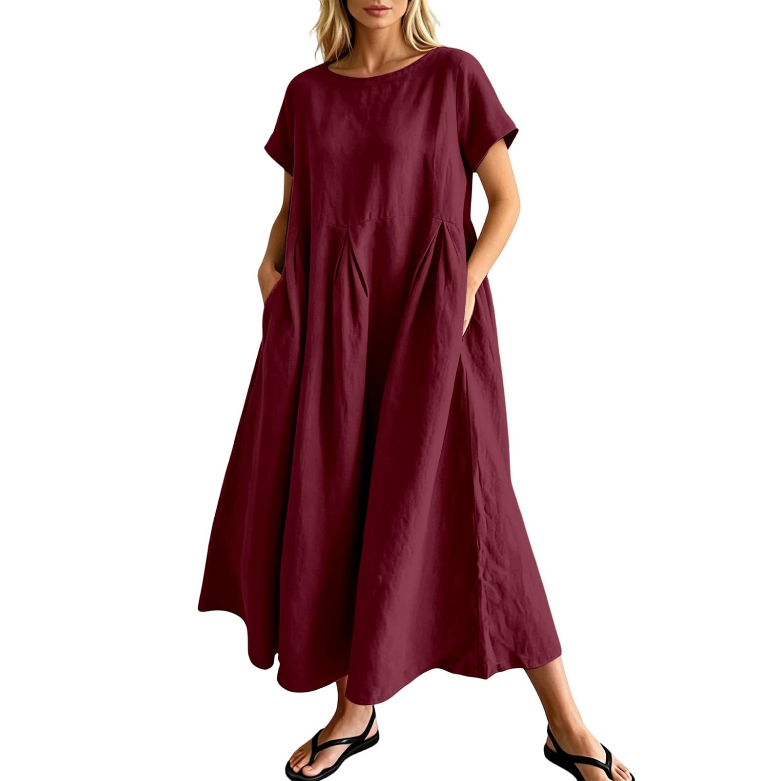 Vestido de verano para mujer, manga corta, cuello redondo, ligero, de algodón, lino, vestido de playa, línea A, vestido largo para primavera y verano