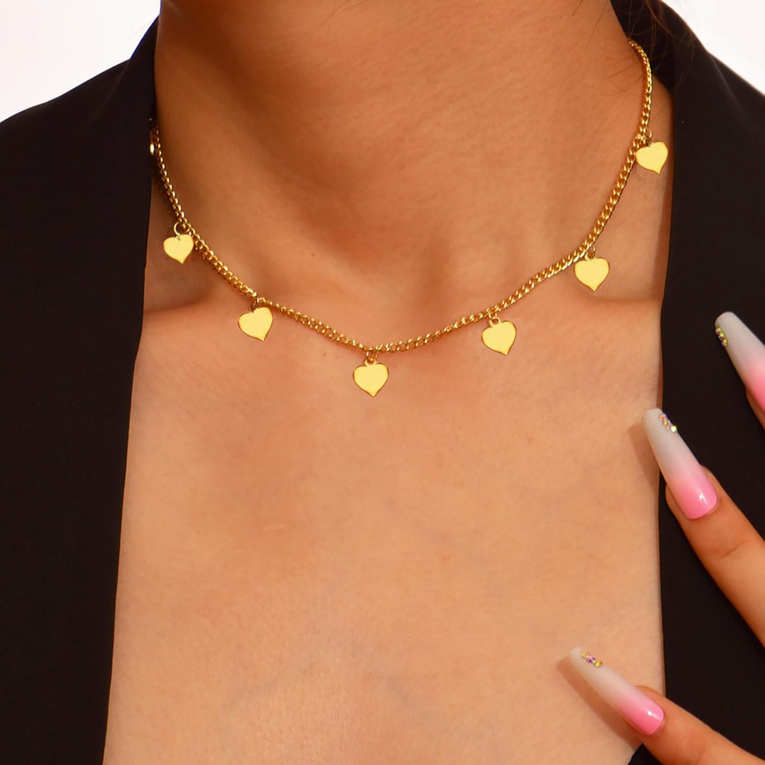 Boho Heart Choker Necklace Station Heart Dangle Necklace Gold Heart Chain Necklace Tiny Heart Necklace Choker Jewelry for Women - Image 2