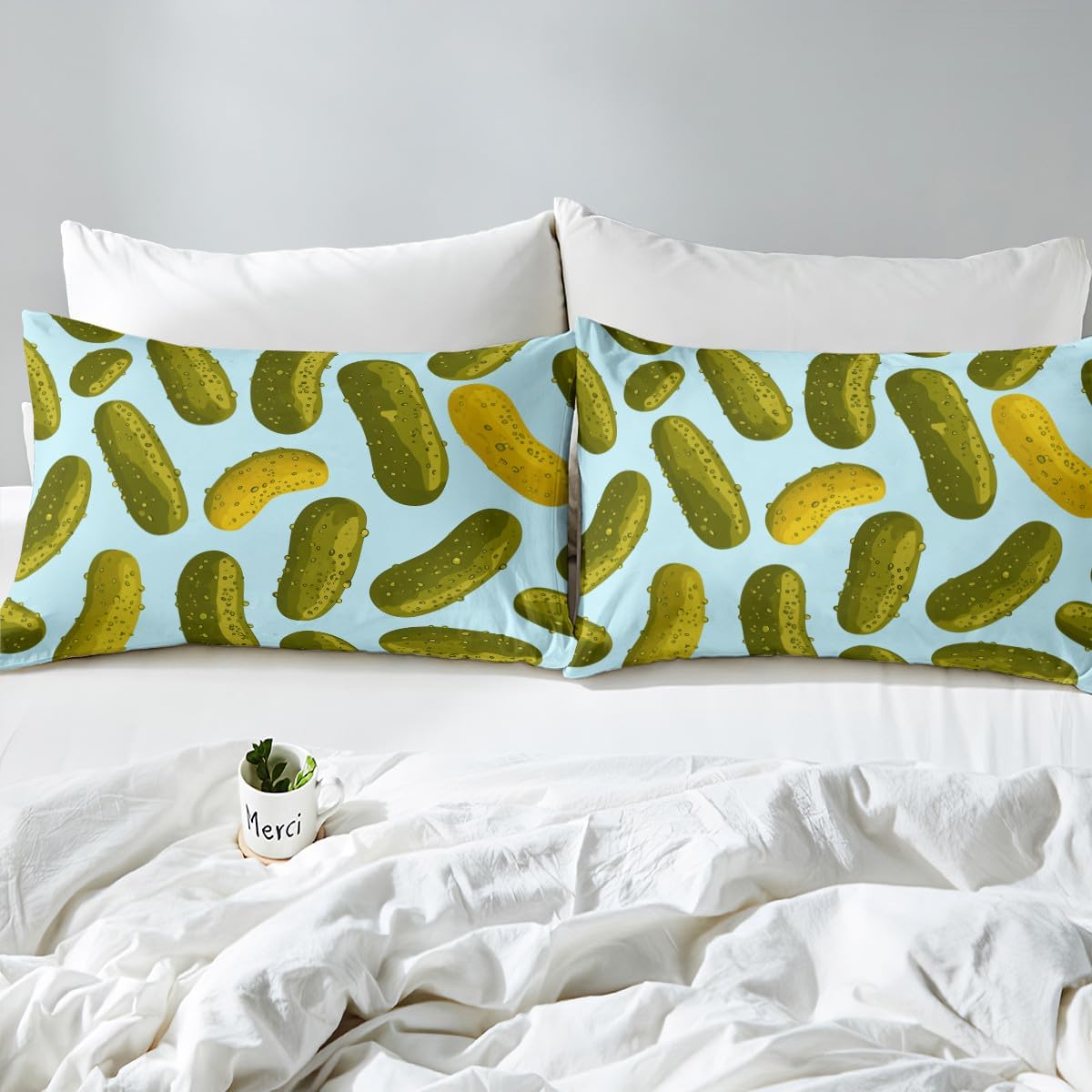 Erosebridal Pickles Fitted Sheet Funny Food Twin Size Bedding Set, Green Cucumbers Bed Sheets for Kids Boys Girls Adults Lovely Vegetables Design Sheets Bedroom, 1 Fitted Sheet 1 Pillowcase