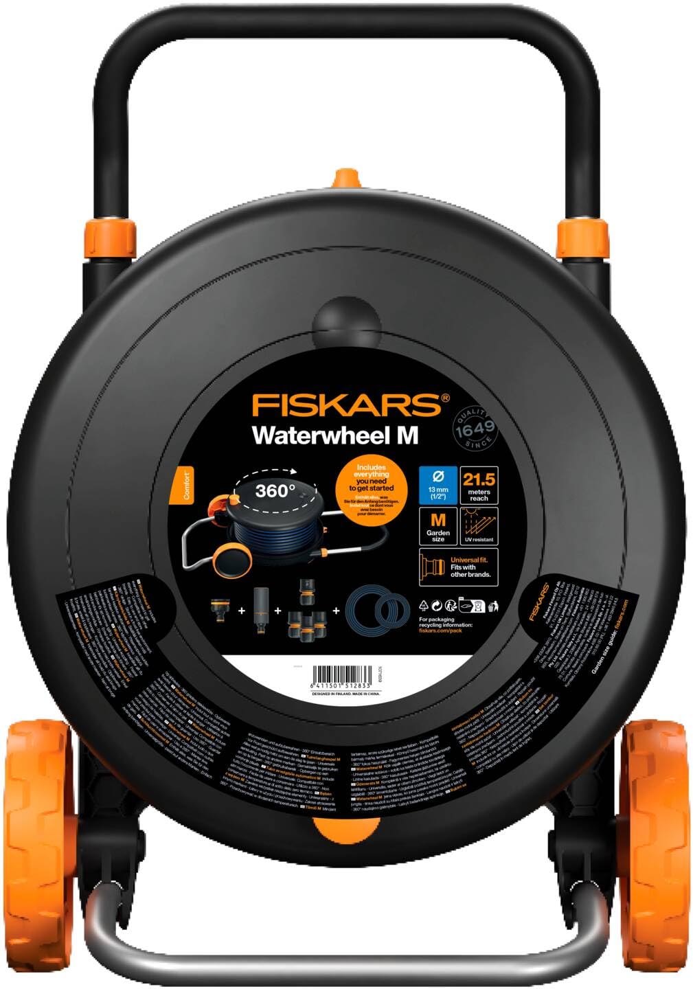 Dévidoir Tuyau Fiskars XL 25m - Enroulement Automatique - Raccord Universel - Chariot Mobile - Noir/Orange