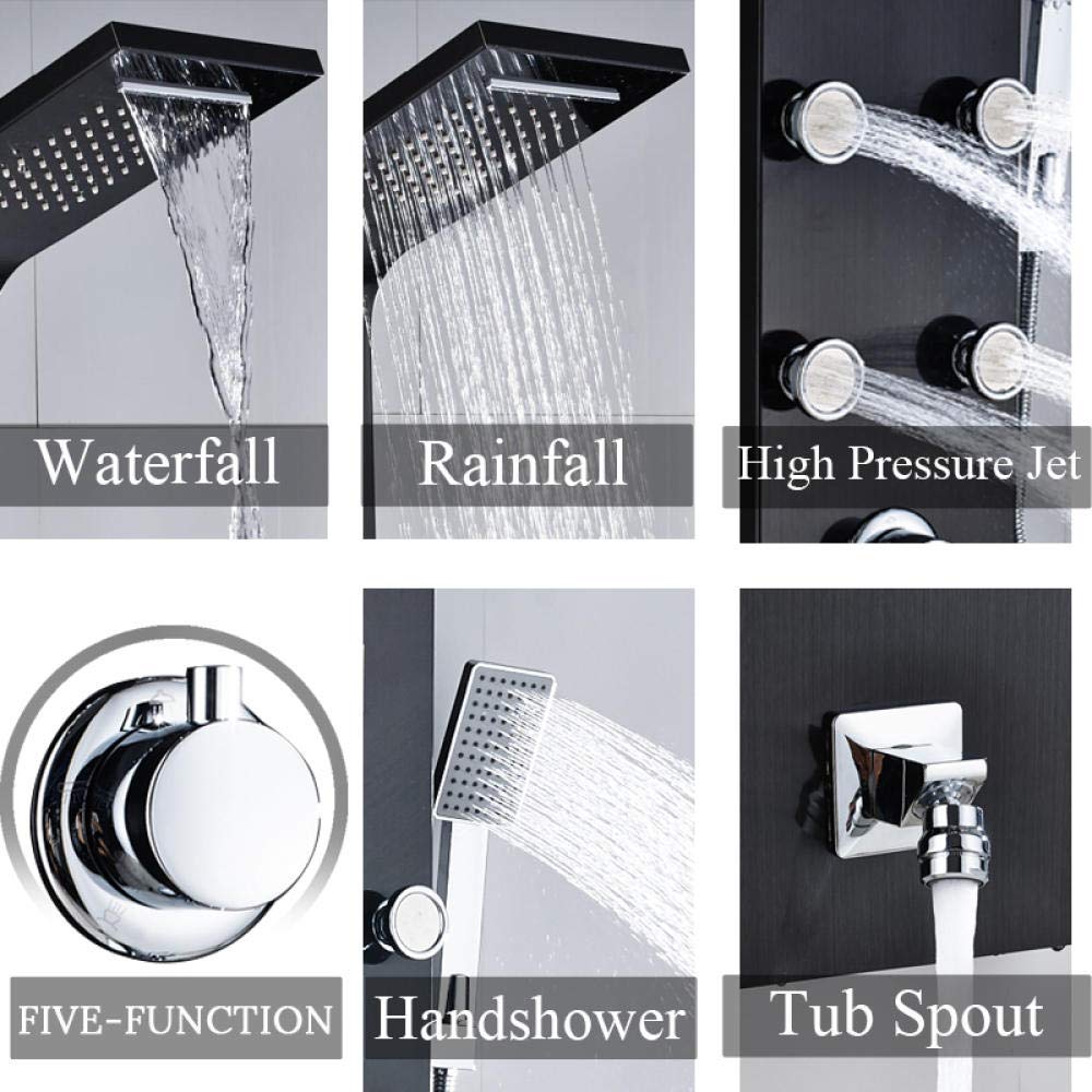 Baño termostático Grifo de ducha Panel de ducha Columna Bañera Mezclador Grifo con ducha de mano con estante 5 funciones-Negro