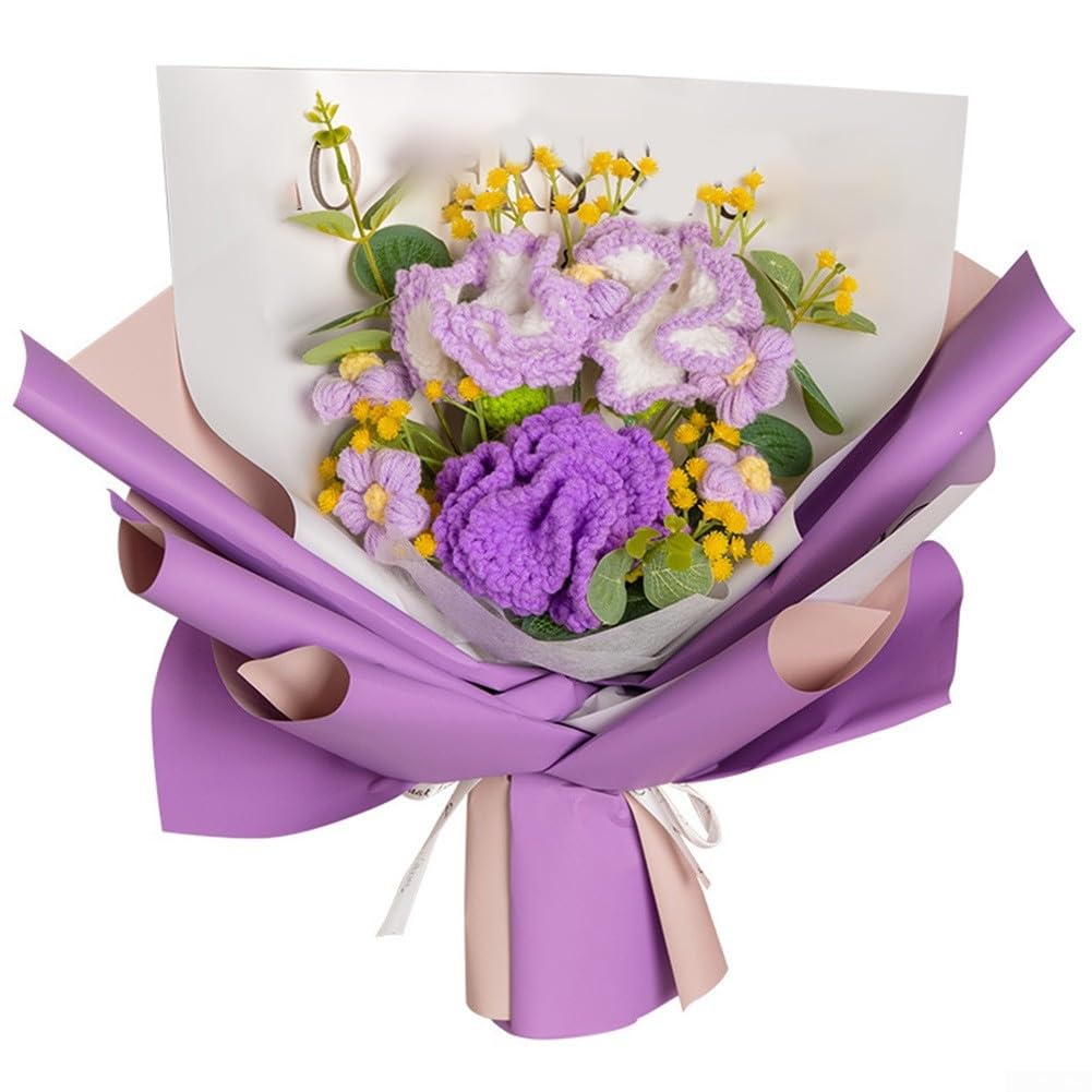 TVANTRUXIS Hand Woven Artificial Flowers, Hand Crocheted Knit Flower Bouquet Multicolor 30-35cm(Purple)