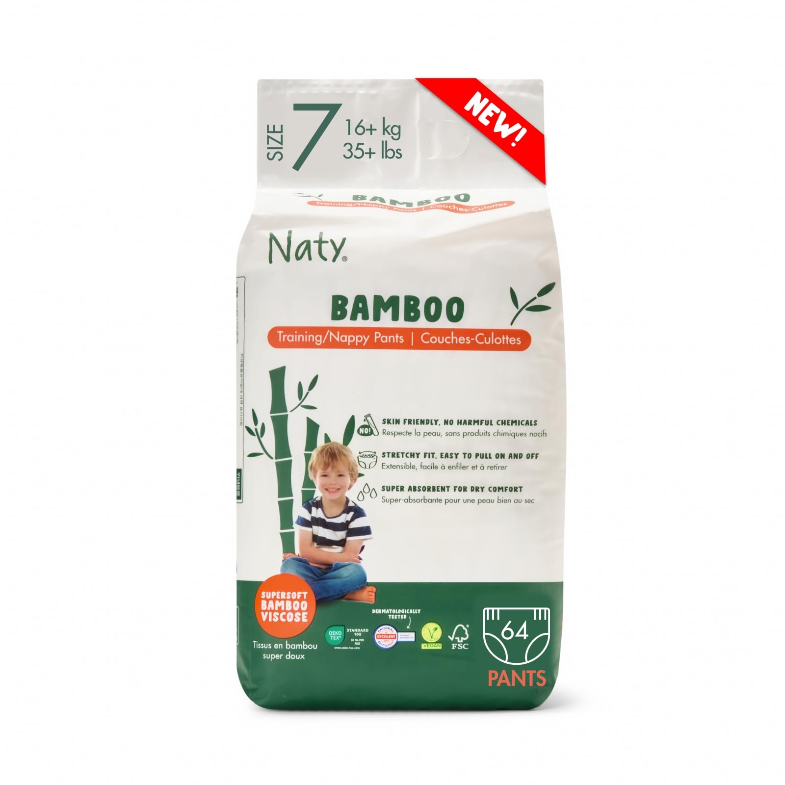 Naty Bamboo Viscose Training Pants – Potty training underwear, Pull ups, Eco-Friendly, Silky Soft, Hypoallergenic, for Sensitive Skin & Super Absorbent (Size 7, 64 Count)