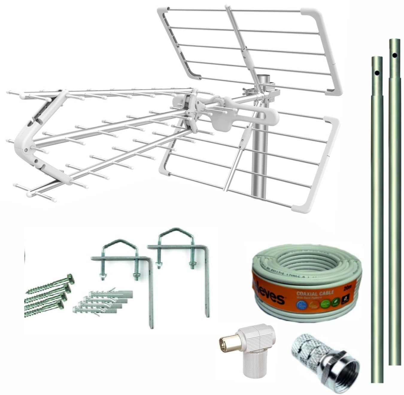 Kit Antena TV Compact 5G + Rollo 20M + 2X MASTIL 1M + Garras + Tornillos + Conectores F Y TV.