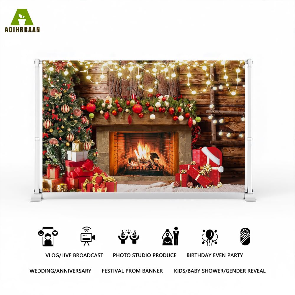 Aoihrraan 3x2,5m Buon Natale Backdrop Camino Albero Natale Regalo Rosso Marrone Legno Fotografia Della Parete Sfondo Felice Anno Nuovo Vigilia Natale Decorazione Festa Famiglia Ritratto Foto Props