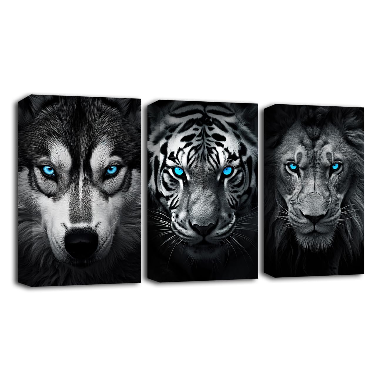 Black and White Animals Wall Art Set of 3 Wolf Tiger Lion with Blue Eyes Painting Print on Canvas Wildlife Picture Wall Decor for Office Framed (Animal-1, 11.00"x14.00"x3P)