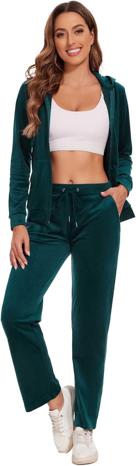 ROYAL MATRIX Women's Velour Tracksuit, 2 Pieces Full Zip Velour Sweatsuits Hooded Jogging Lounge Velvet Outfits Set