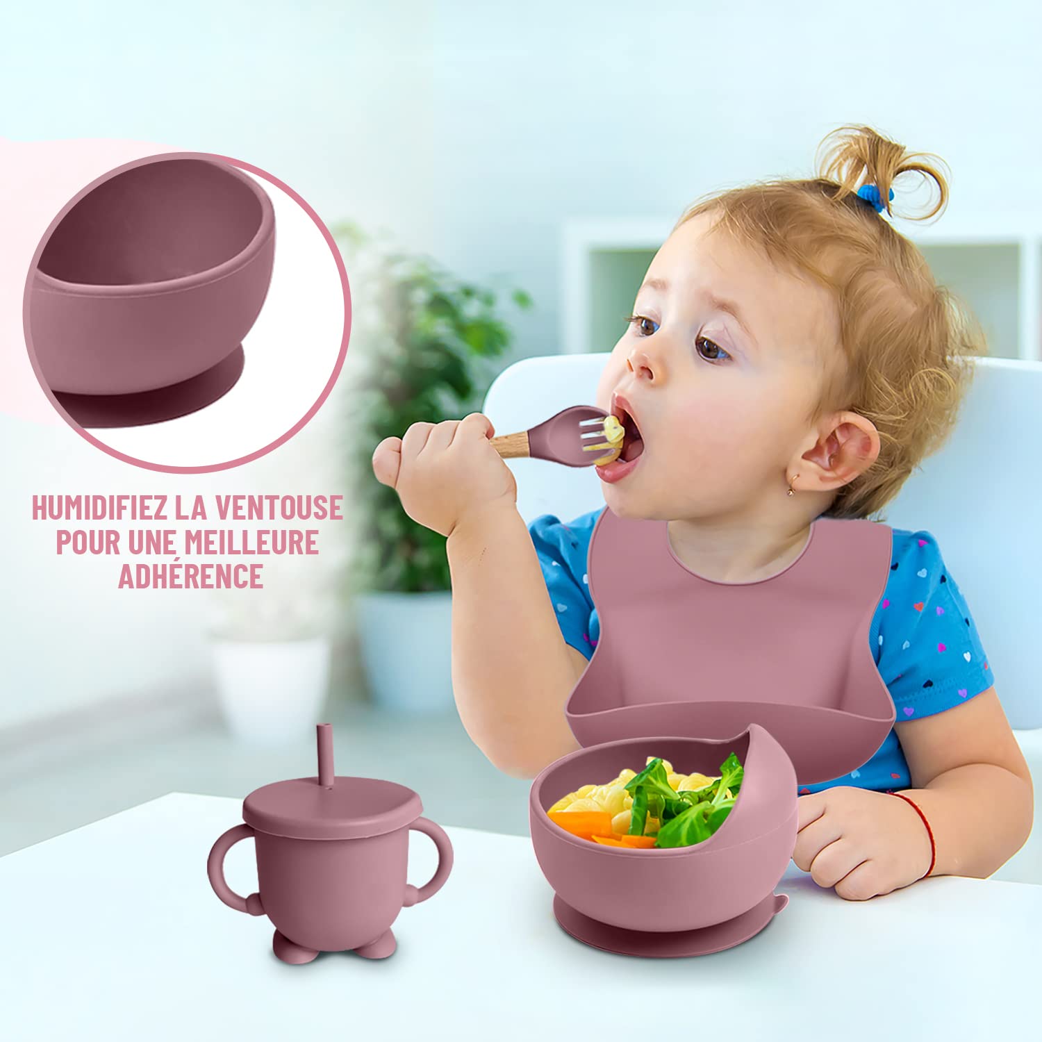 Cofanetto pasto in silicone per neonati (10 pezzi) – Piatto e ciotola antiscivolo con ventosa/posate (forchetta e cucchiaio) / tazza ermetica/bavaglino e sgranocchiatore – regalo nascita (rosa)
