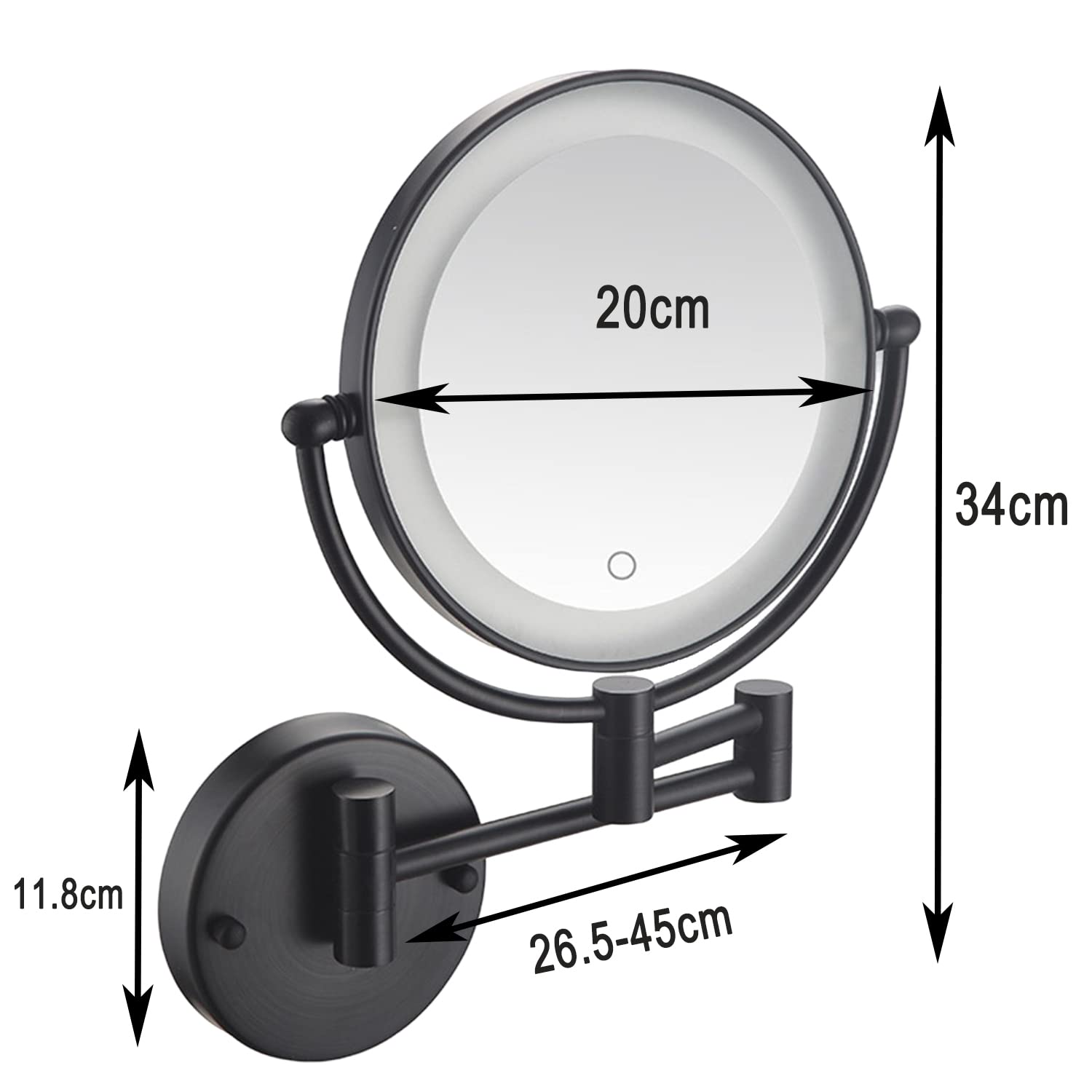 Espejos Maquillaje con Luz, 8 Pulgad Negro Espejo Aumento Pared 360 Rotación Espejo Extensible Baño Brillo Regulable Espejo Cosmetico Espejo Ducha con Interruptor Táctil