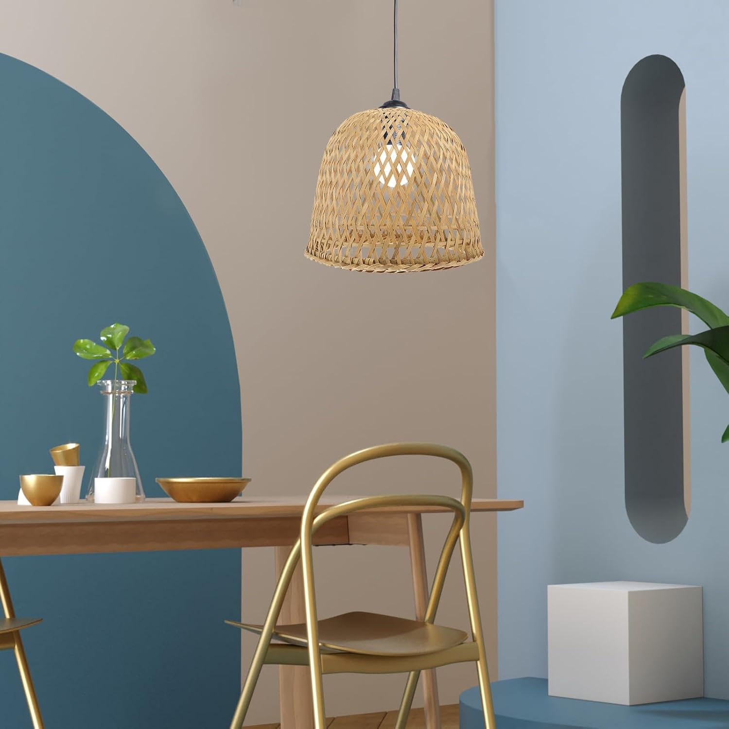 Angoily Bamboo Pendant Lamp Shade, Wicker Light Shades, Rattan Woven Pendant Light, Vintage Lampshade, Retro Hanging Lampshade for Home Living Room Bedroom Farmhouse (8.26 X 7.48 Inch)