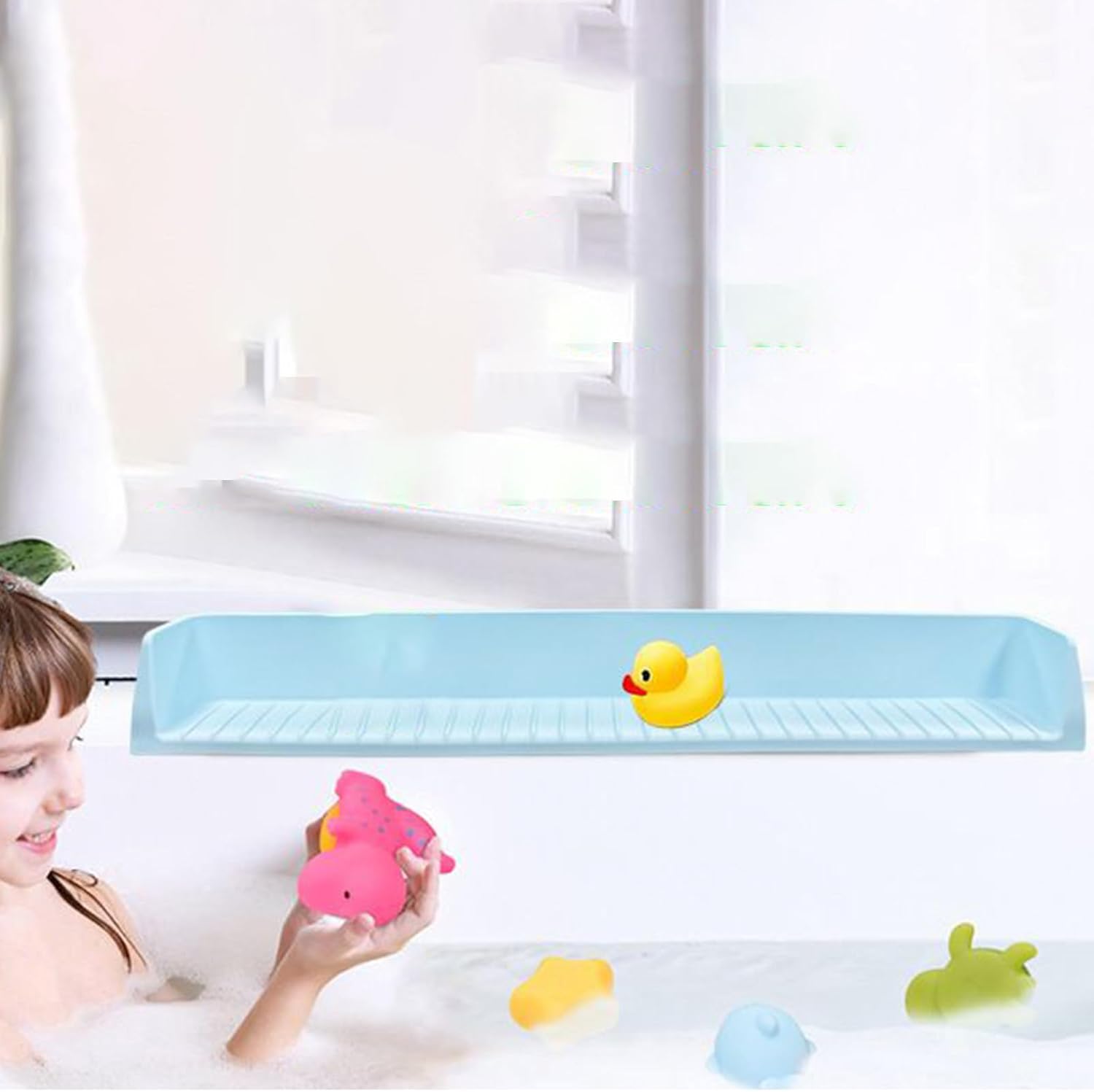 Bathtub Splash Guard for Tub, Silicone Bath Splash Guard with Strong Suction Cups, Bath Toy Tray Tub Play Shelf for Kids, Toddler Bathroom Accessory