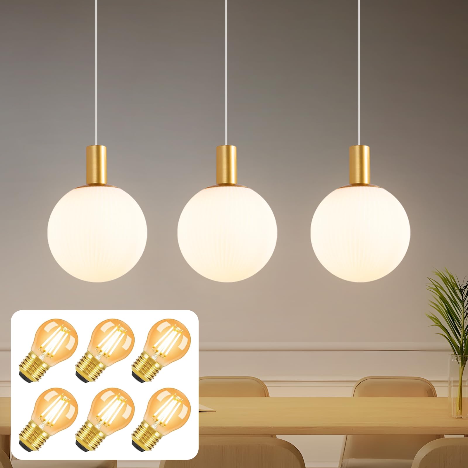 CBJKTX Pendelleuchte Esstisch Hängeleuchte Glas mit 6 Stück E27 Leuchtmittel - Gold 3 Flammig Hängelampe Esstischlampe Hängend Höhenverstellbar Pendellampe Modern für Esszimmer Küche Wohnzimmer Flur