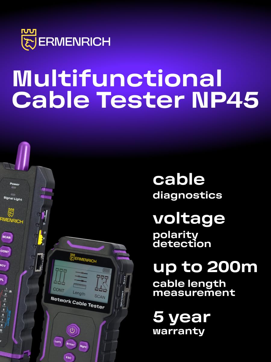 NetGeeks NP45 Tester per Cavi di Rete TDR PoE VFL e NCV RJ45 RJ11 | CAT5E/6/6A Misura Distanza dai Guasti Porta Lampeggiante Polarità e Controllo Qualità dei Connettori LAN per Manutenzione