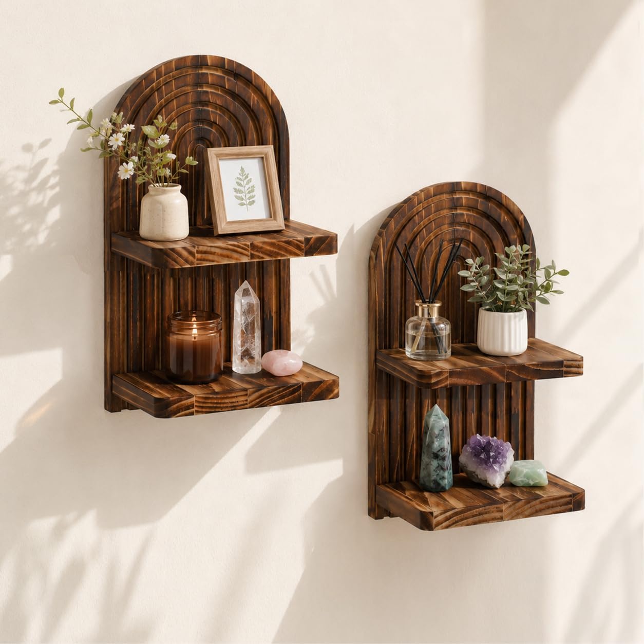 Artilady Boho Arched Shelf Wall Decor 2- Tier Wood Floating Shelves Farmhouse Mid Century Plant Holder for Bedroom Living Room Bathroom (Dark Brown 2 Tier)