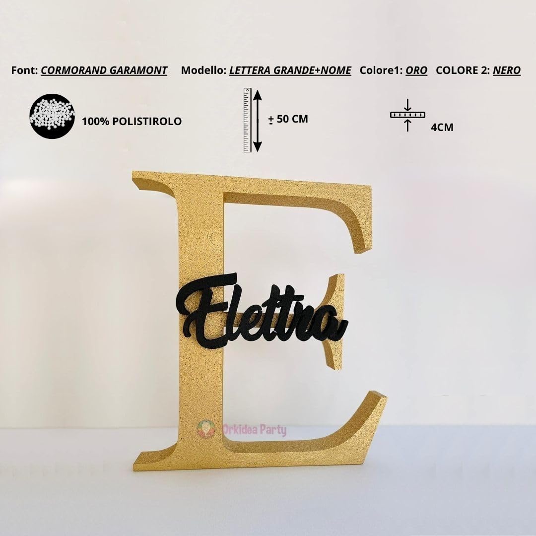 ORKIDEA PARTY Nomi in Polistirolo personalizzabili, Lettera iniziale grande in polistirolo e scritta al centro della lettera in legno come nelle immagini - Idea Regalo - ALTEZZA 50 CM.