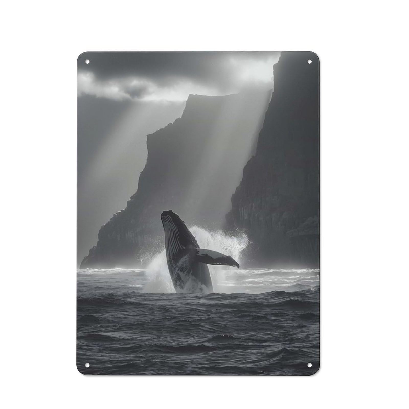 Junmoney Breaching Whale At Coastal Cliffs In Black An D White Country Metal Wall Decor 40X30cm, Country Metal Sign For Kitchen, Cottage, Porch Or Garden Room