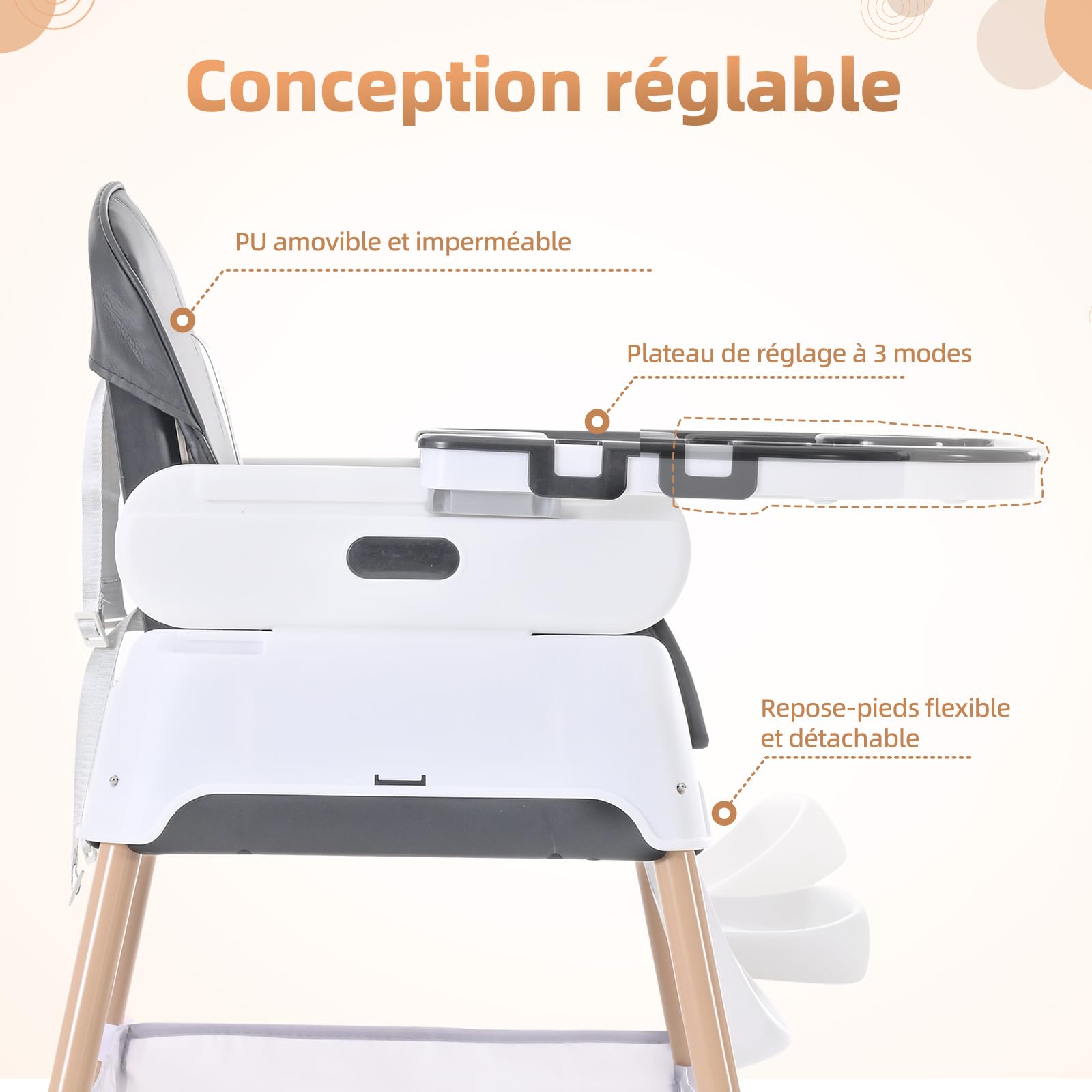 Chaise Haute Bébé, Chaise Enfant 3 en 1 Cabriolet et Réglable, D'alimentation Rehausseur Chaise Enfant Portatif Compactes pour Bébé, de 6 Mois à 3 Ans (Gris)