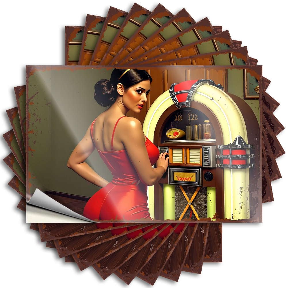 Personalized Tumbler Lettering Sticker | Vintage Jukebox with Woman in Red Dress. Optical Illusion Durable Vinyl Sticker Easy Apply for Standing(12X18CM)