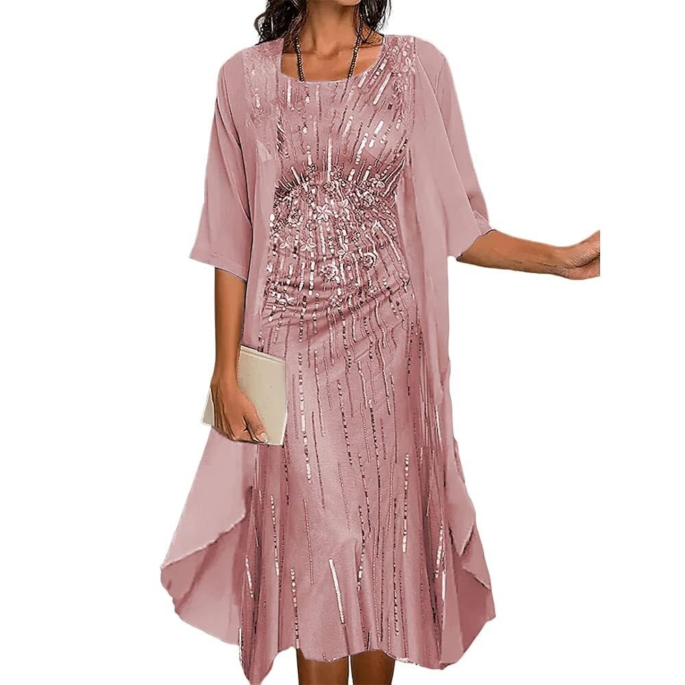 SOMOU Two-Piece Set Maxi Dress for Womens Flowy Chiffon Cardigan Wedding Guest Floral Print Midi Dresses with Lace Jacket, XX-Large, Pink