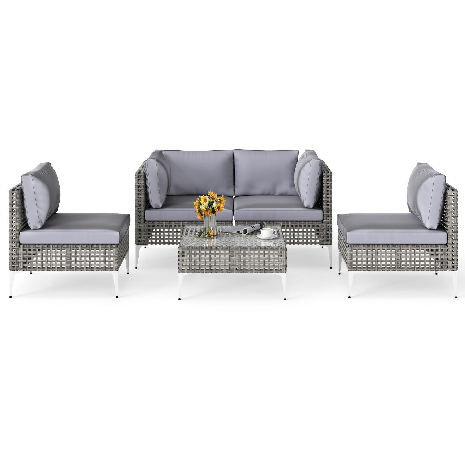 COSTWAY Conjunto Jardin Exterior 5 Piezas de Ratan PE, 1 Sillon de 2 Plazas, 2 Sofas, Mesa de Café de Cristal Templado, Cojines de Asiento y Respaldo, Mesa y Sillas Jardin Terraza Balcon (5 Piezas)