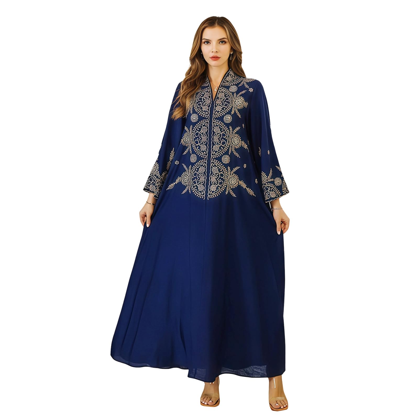 zhxinashu Muslimische Kleider Damen Blumenkleid, Marokkanische Kleider Damen, Traditionelle Abaya mit Komplizierten Blumendruck, Abaya Damen für Hochzeit Party, Ramadan Feiern