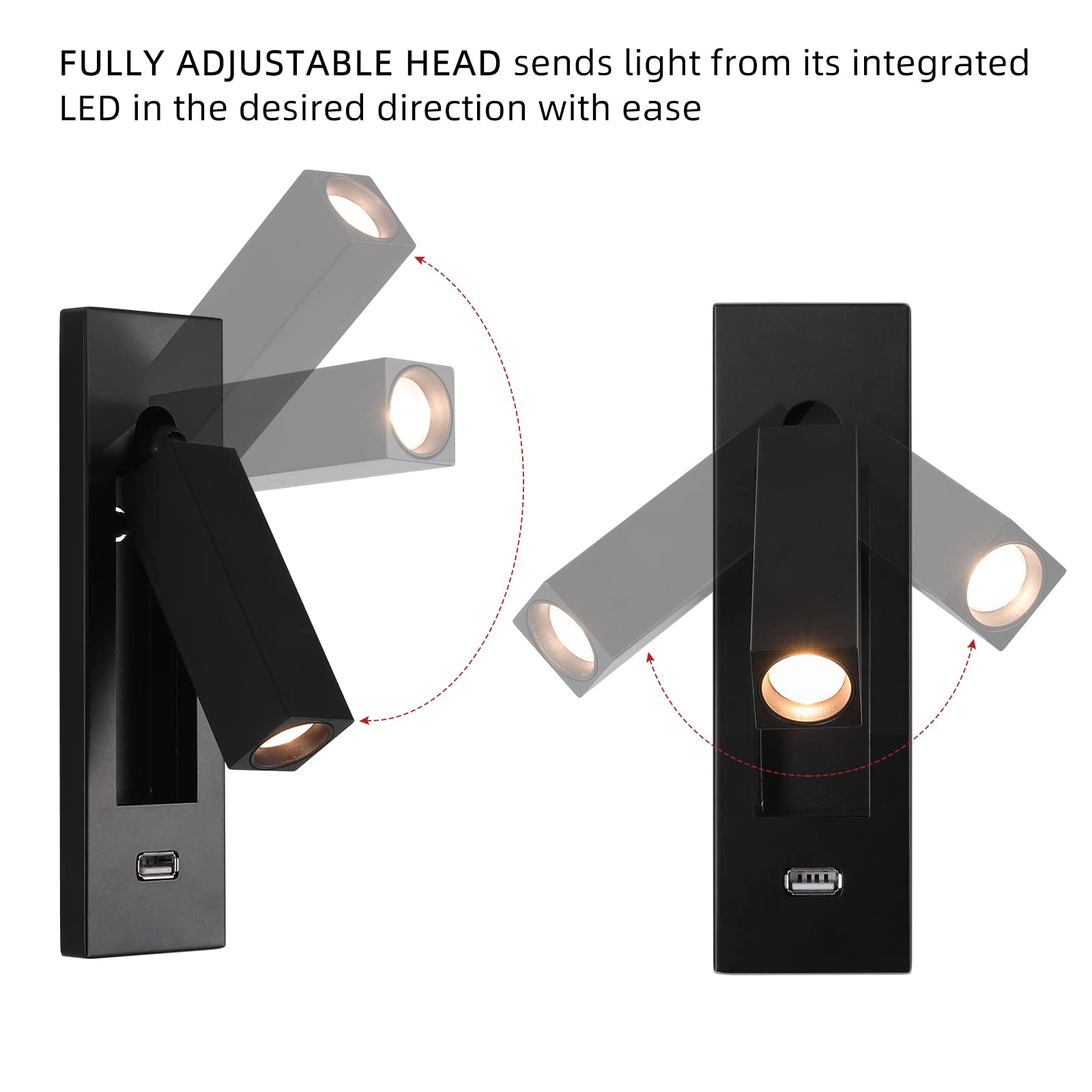 Wall Mounted Reading Light with USB, LED Bedside Reading Light with Switch, Adjustable Recessed Headboard Reading Lights Wall Sconce for Reading, Hardwired Reading Spotlight for Bedroom (Black)
