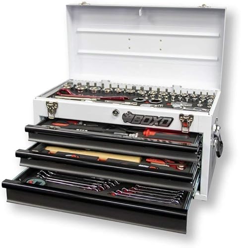 BOXO USA Heavy Duty Toolbox Caja de herramientas MotoBox de 103 piezas con sistema de bloqueo (blanco)