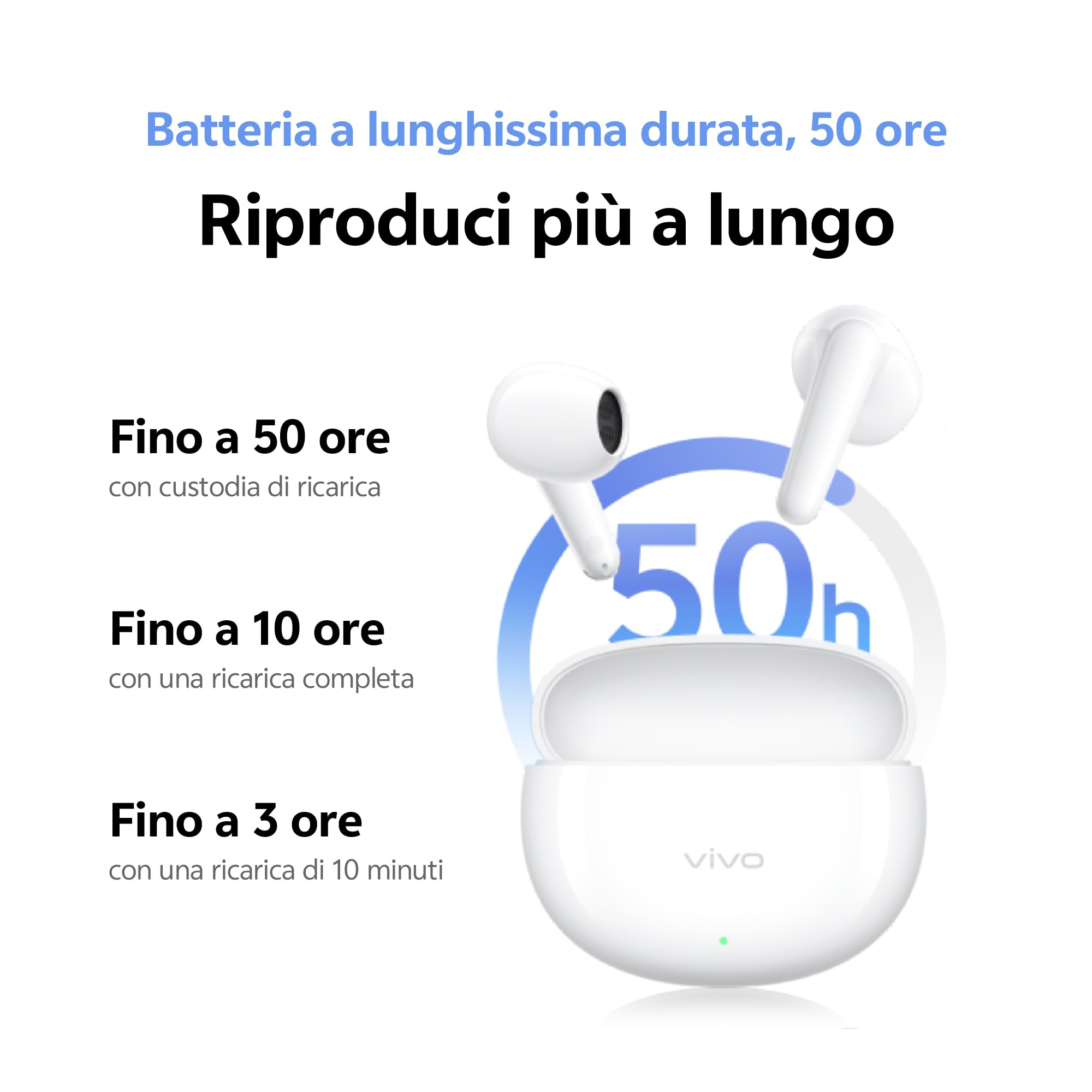 vivo Buds Air3, Auricolari Wireless, fino a 50 Ore di Batteria, Leggerezza 3,6g, Bassa Latenza nel Gaming (88 ms), Doppia Connessione a più Dispositivi, Riduzione del Rumore nelle Chiamate con AI