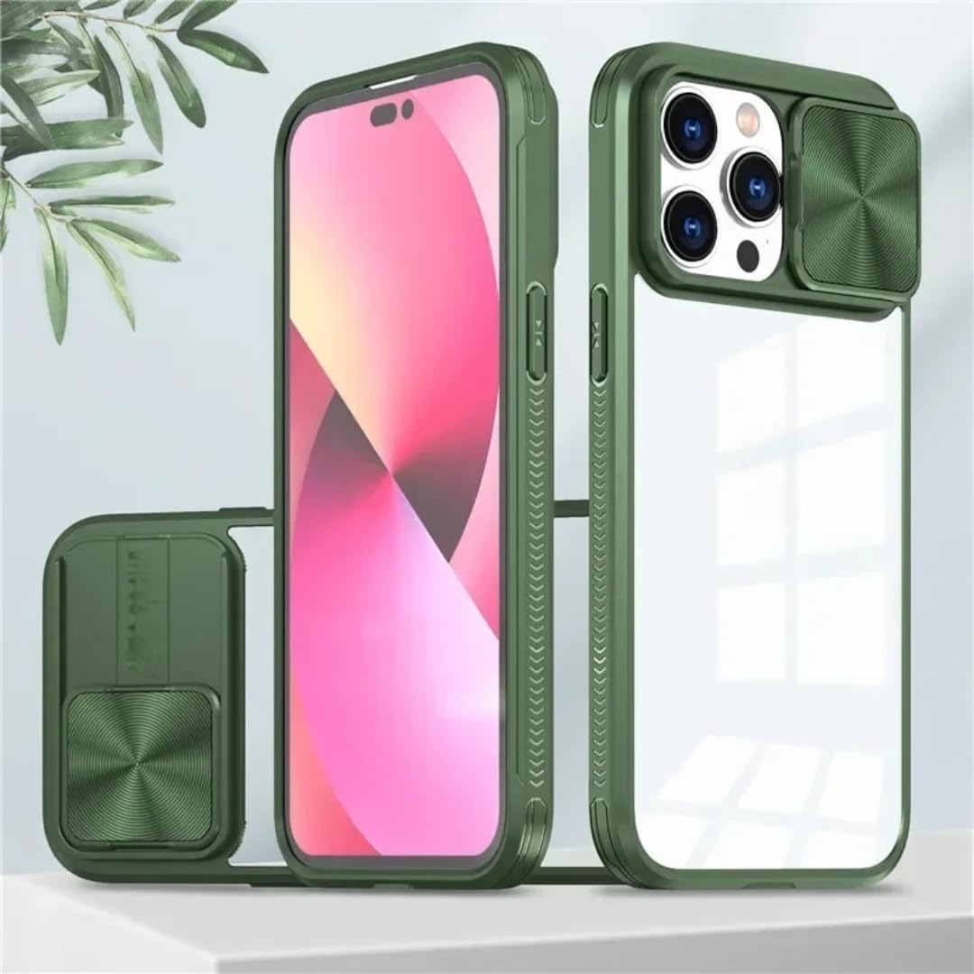 Coque verte iPhone 12 avec cache objectif coulissant transparent
