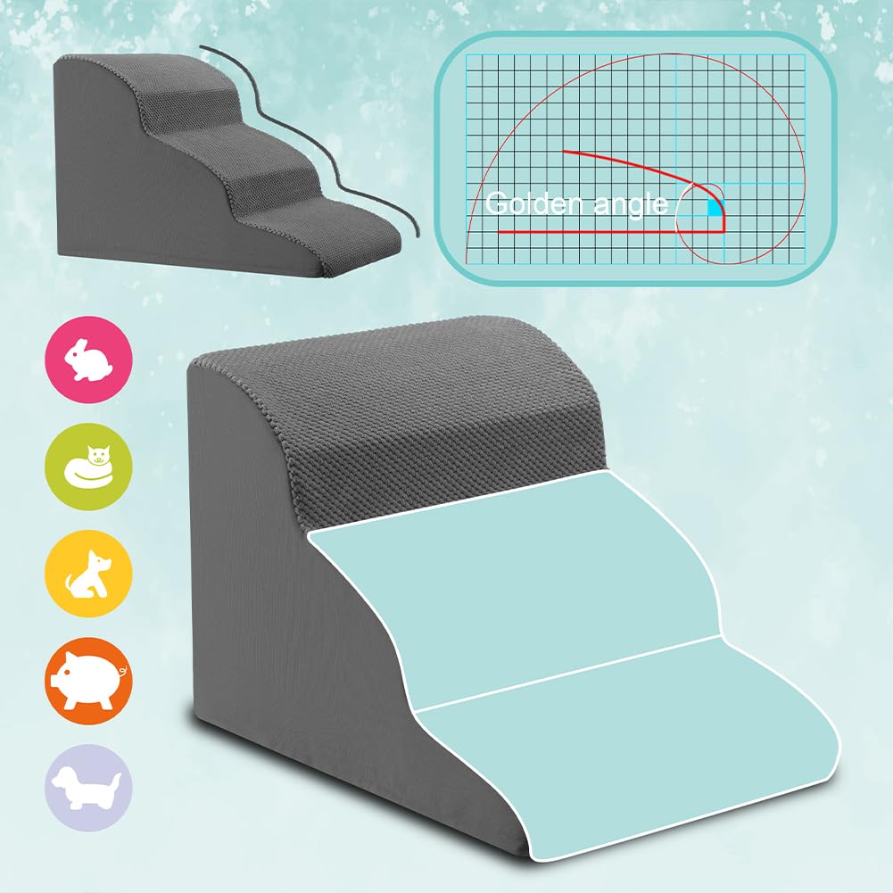 BAKAJI Scala per Animali Domestici con 3 Gradini e Rullo Rimuovipeli, Rivestimento Sfoderabile in Tessuto a Coste, Rampa per Gatti e Cani Anziani, Scaletta Imbottitura Schiuma Alta Densità (Grigio)