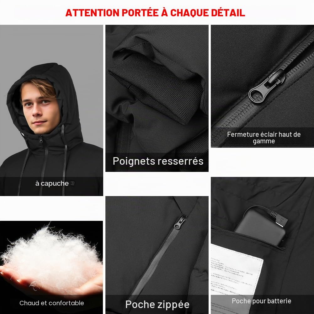 Veste Chauffante pour Homme Femme avec Batterie, Électrique Vestes Chauffant Capuche avec 3 Niveaux de Chauffage, Manteau Blouson Chauffante pour Ski, Moto, Pêche, Activités de Plein Air