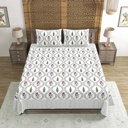 Image of BLOCKS OF INDIA Hand Block Printed 200 TC Cotton Super King Size Bedsheet(106 x 106) | Pack of 1, Pink Green Patti