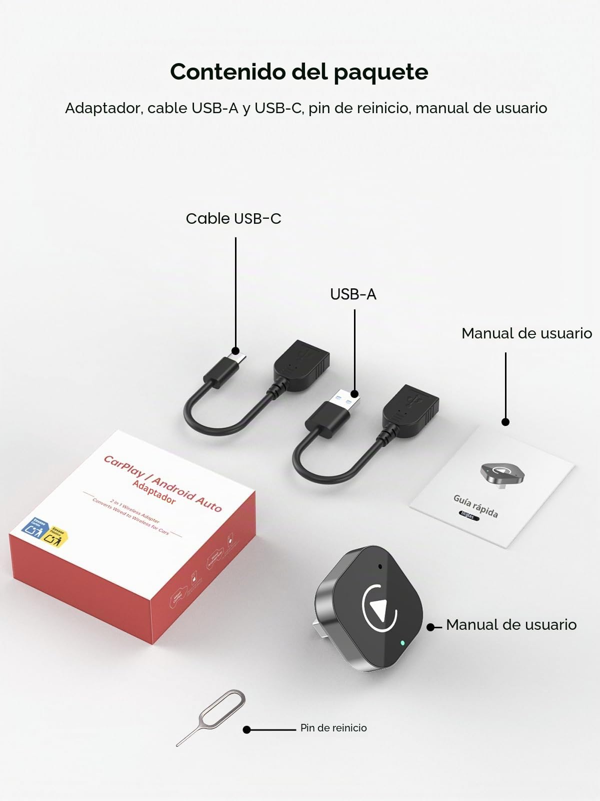Spedal Adaptador Inalámbrico Android Auto y CarPlay, Plug & Play, Conexión Auto y Estable, WiFi Dual-Band 5G/2.4G, para Coches 2016+ con Sistema de Serie (USB-A)