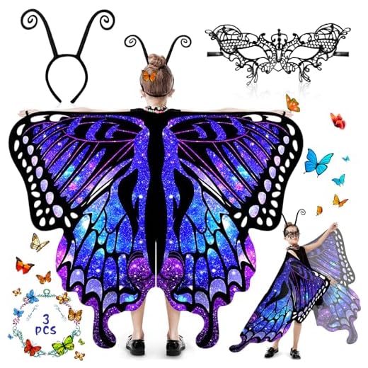 ZLPBAO Mariposa Capa Niña Kit, Chal de Alas de Mariposa, Capa de Mariposa, Alas Mariposa Disfraz de Mariposa Niña Disfraz Mariposa Fiesta de Vestidos de Lujo para Niñas Jugar 3-8 Años