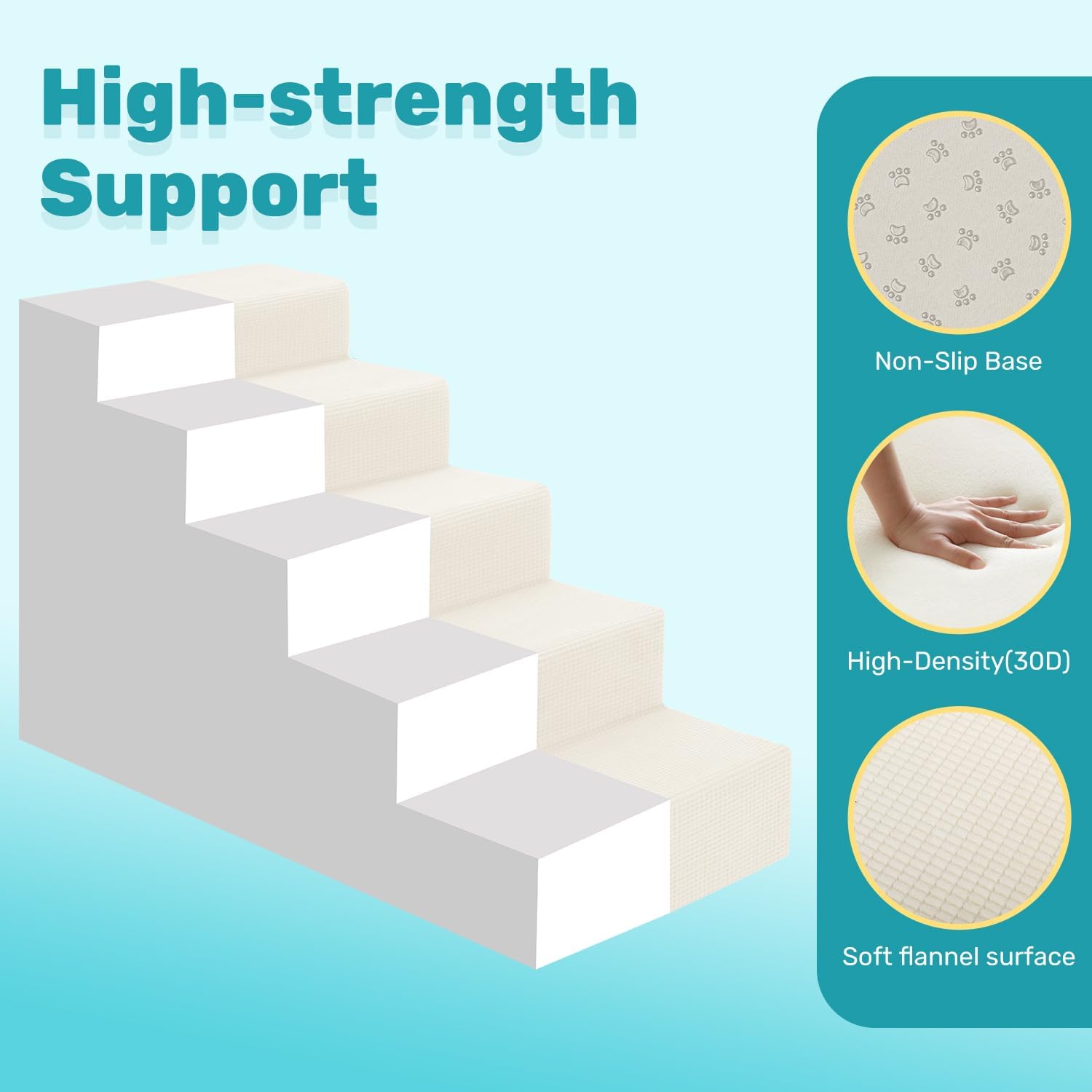 Condition photo showing New/Like New for dog stairs for bed, extra wide 5-step dog steps for high bed, high-density foam pet stairs with non-slip removable washable cover for small pets, 23" h, beige extra wide 5 steps fleece-beige