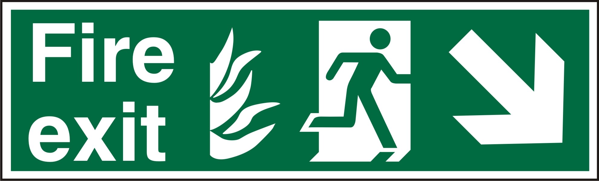 Seco NHS Compliant Fire Exit - Fire Exit, Fire, Man Running Right, Arrow Pointing Down & Right Sign, 600mm x 200mm - Self Adhesive Vinyl