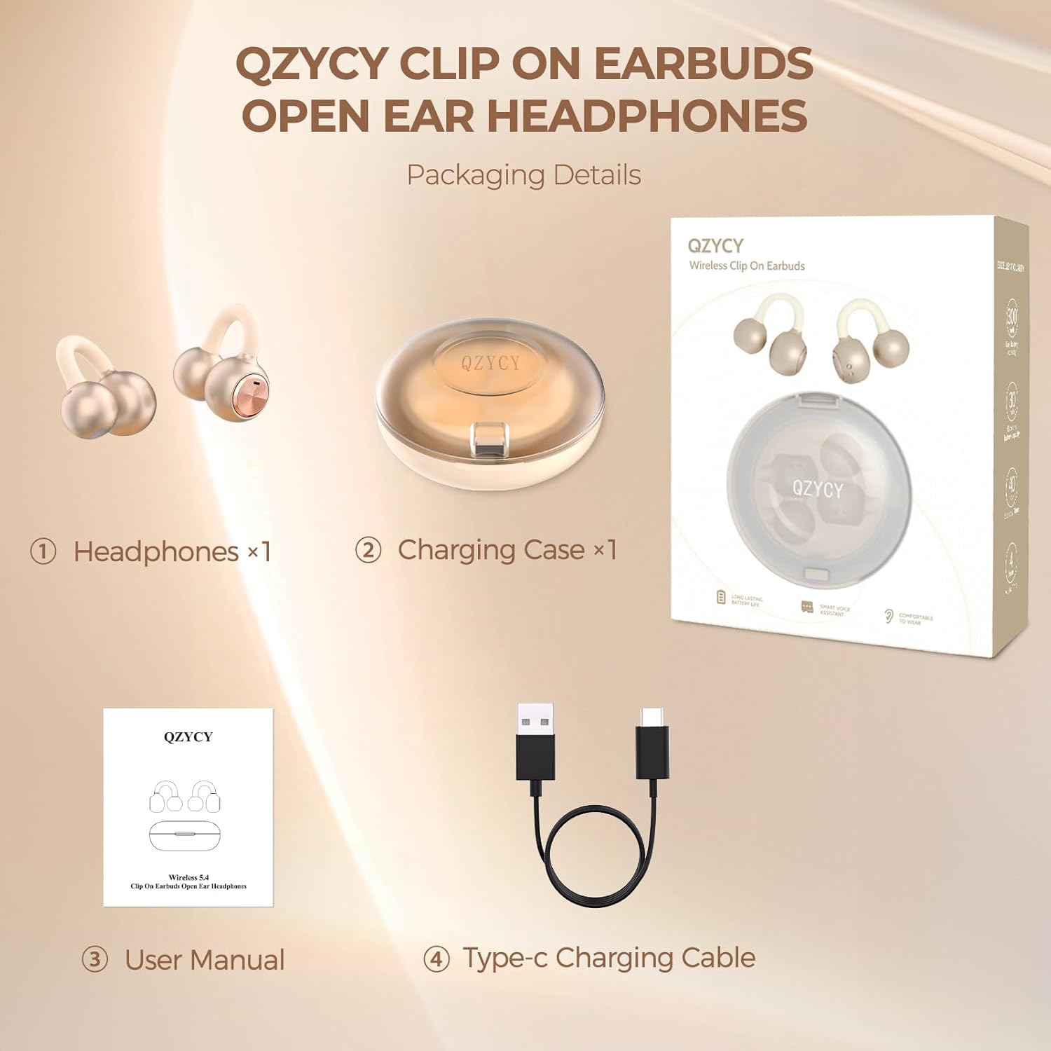 QZYCY Clip On Earbuds Open Ear Headphones - No Hurt Ears, Wireless 5.4 Earphone with Mic, 40H Playtime, Premium Audio, Charging Case Lighting Effects, for Office, Sports, Gold - DL3 - Image 8