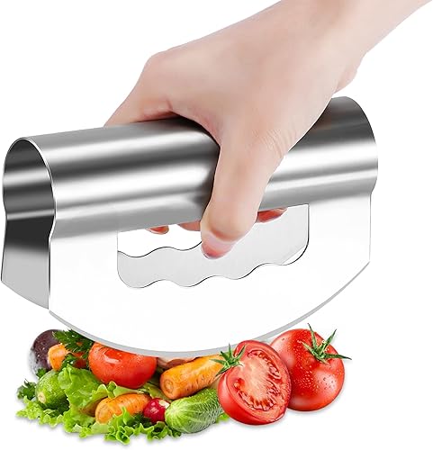 AOZBZ Mezzaluna - Picador de ensalada de acero inoxidable con cubierta protectora, cortador de ensalada, cuchillo de corte para lechuga, cilantro y