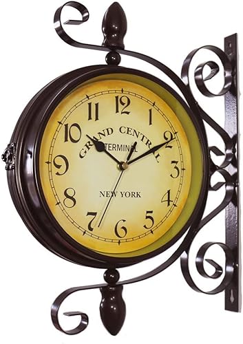 Surakey Reloj de pared redondo de hierro forjado de aspecto antiguo marrón para colgar en la pared, de doble cara, dos caras, estilo retro, para