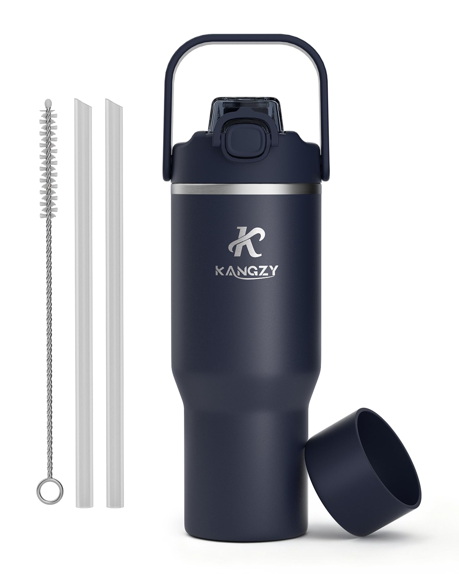 KANGZY Metal Water bottle with Straw 1L/32oz – Vacuum Insulated Stainless Steel Flask, 2-in-1 Straw & Spout Lid, BPA-Free Leak-Proof Tumbler, Keeps Drinks Hot 12H / Cold 24H for Work, Travel Navy Blue