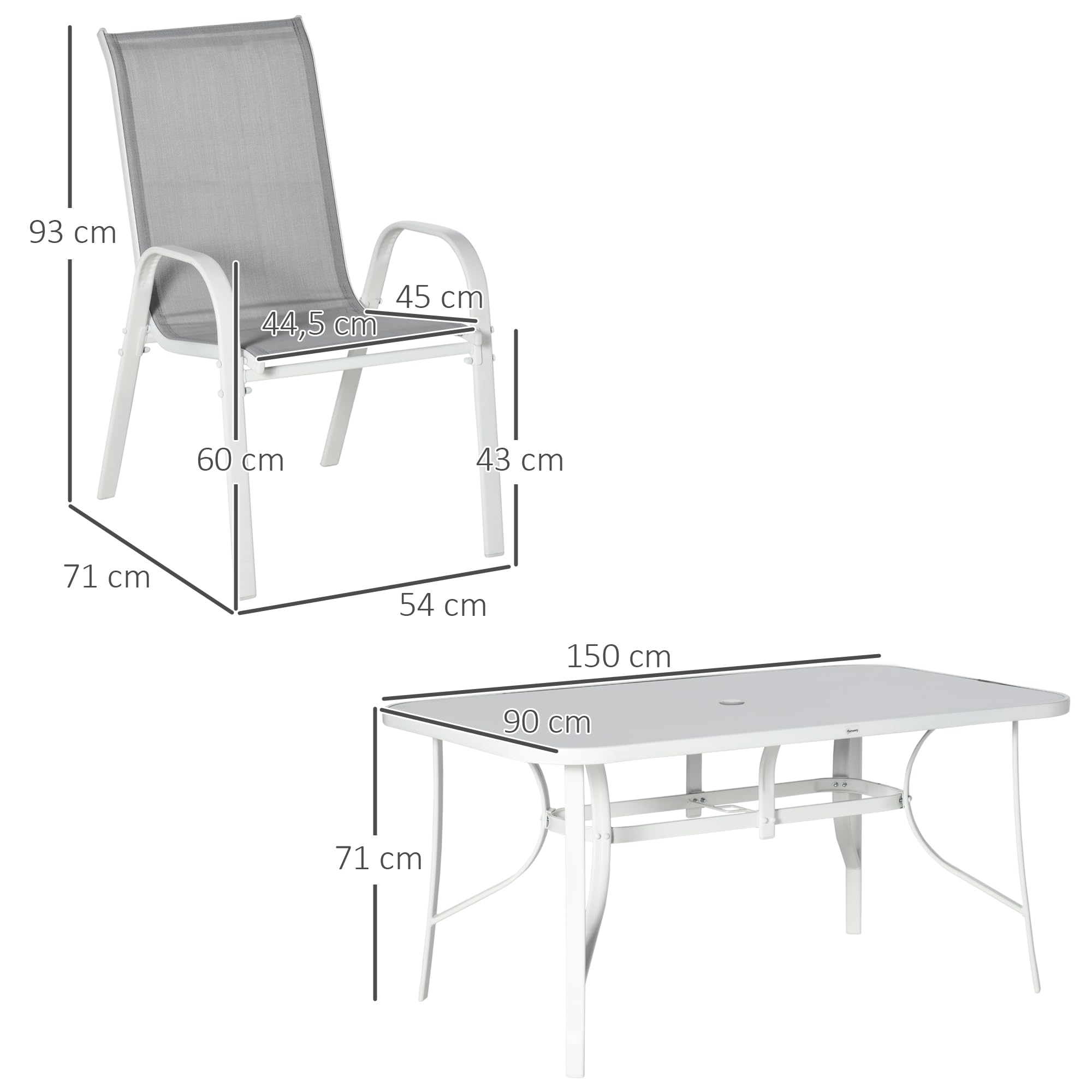 Outsunny Conjunto de Mesa y Sillas Jardín de 7 Piezas Exterior Gris | Muebles de Jardín Exterior, Mesa y 6 Sillas para Terraza, Orificio para Sombrilla, Encimera de Cristal, para Terraza Patio