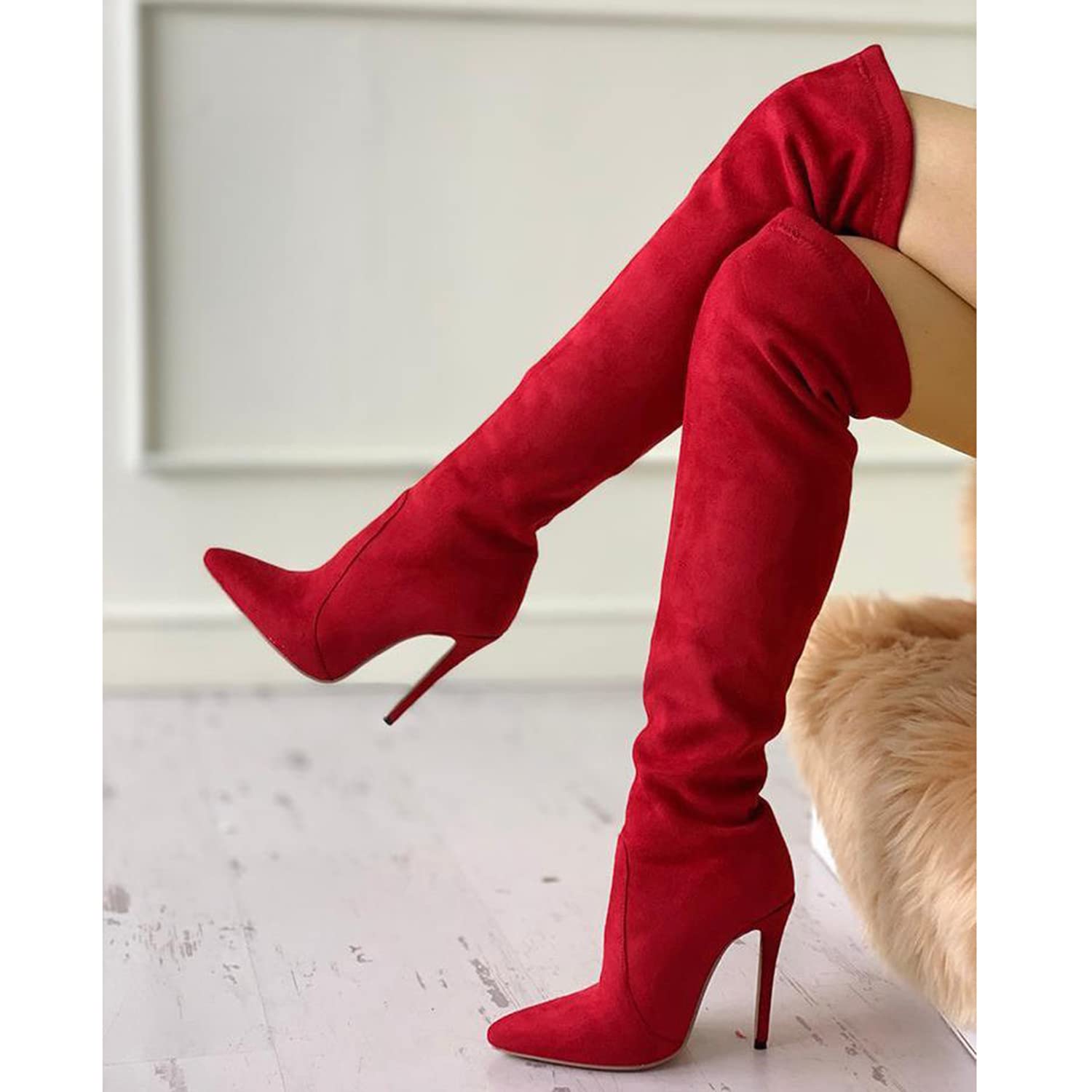 Femmes Stretch Suede Cuissardes Sexy 4.3 Pouces Talon Aiguille sur Les Bottes Au Genou Bout Pointu Élasticité Robe Bottes Longues Chaussures