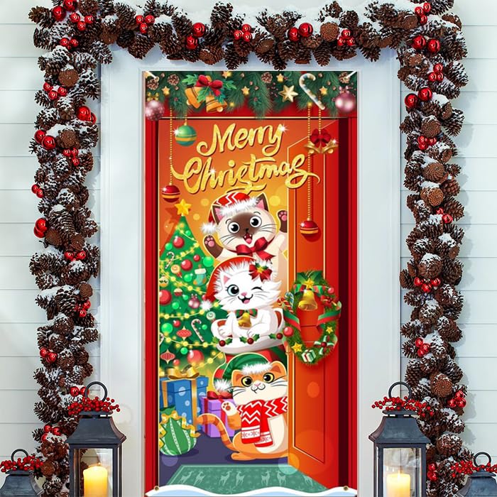 DPKOW Cat Christmas Door Cover for Front Door, Fabric Porch Banner for Christmas Decorations, 185 * 90cm