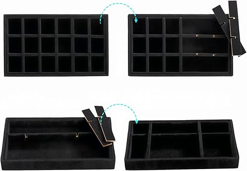 Miniatura 3 de Elsjoy Paquete de 8 bandejas de terciopelo de 4 estilos, bandeja organizadora de joyas de 8 x 5 pulgadas, bandeja apilable para almacenamiento de