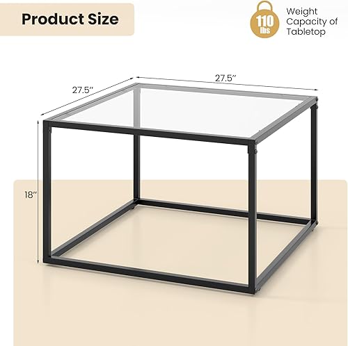 Miniatura 2 de Giantex Mesa auxiliar cuadrada de 27.5 pulgadas, mesa central de vidrio templado con marco de metal, mesa decorativa moderna para espacios pequeños,