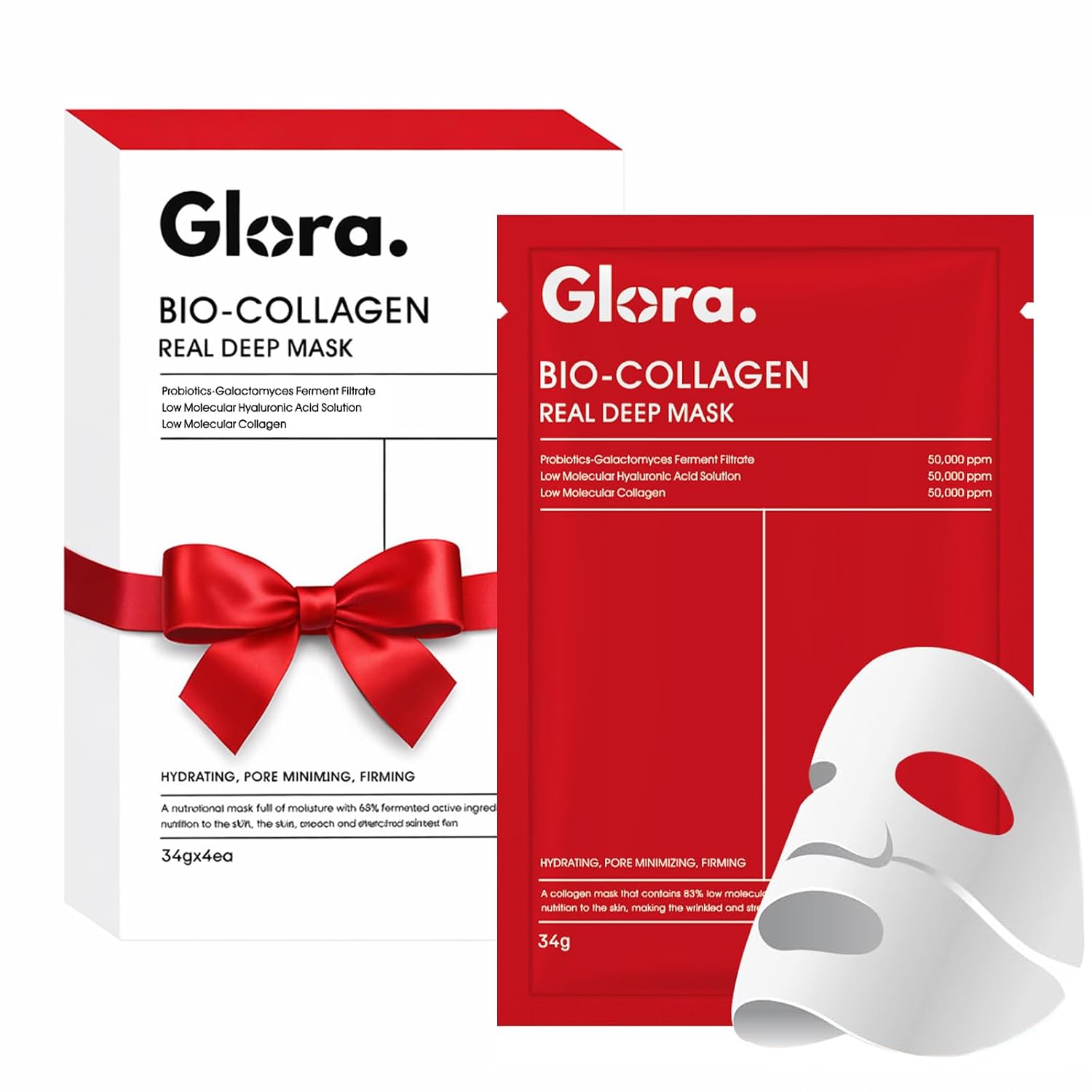 GLORA Bio-Collagen Real Repair Overnight Mask – Hydrating Korean Sheet Mask with Niacinamide & Collagen – Firming, Brightening & Smoothing Skincare – 4 Masks