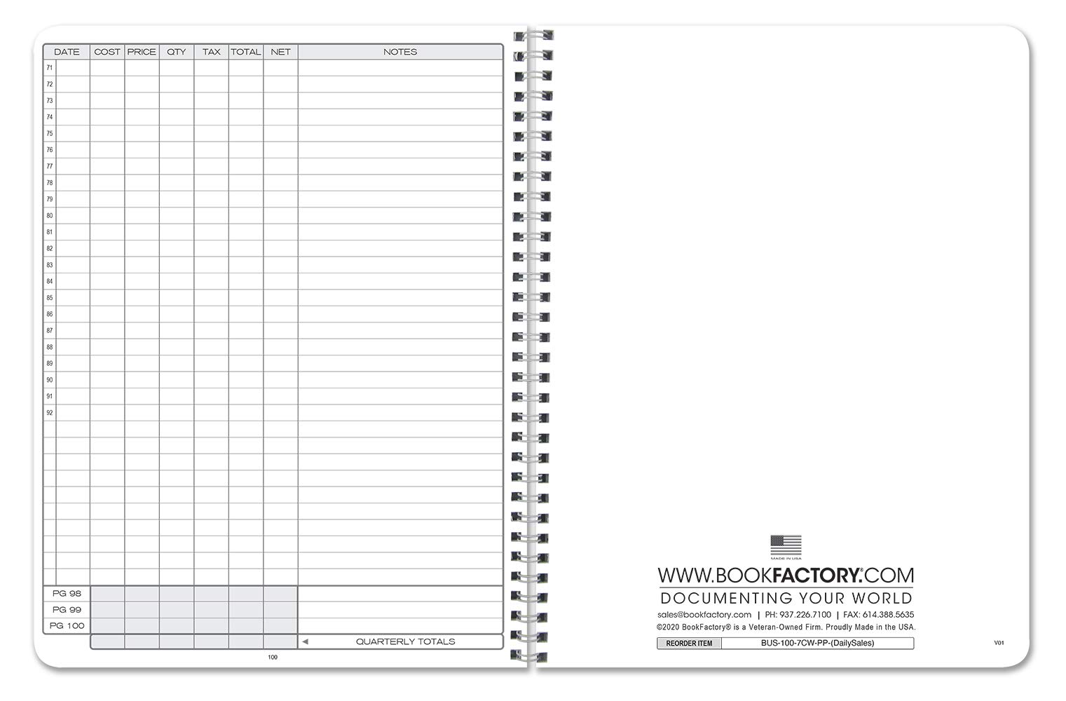 BookFactory Cuaderno de registro de ventas diarias, Wire-O, 100 páginas | Registro de resumen de ventas para pequeñas empresas, 8.5 x 11 pulgadas, fabricado en Estados Unidos