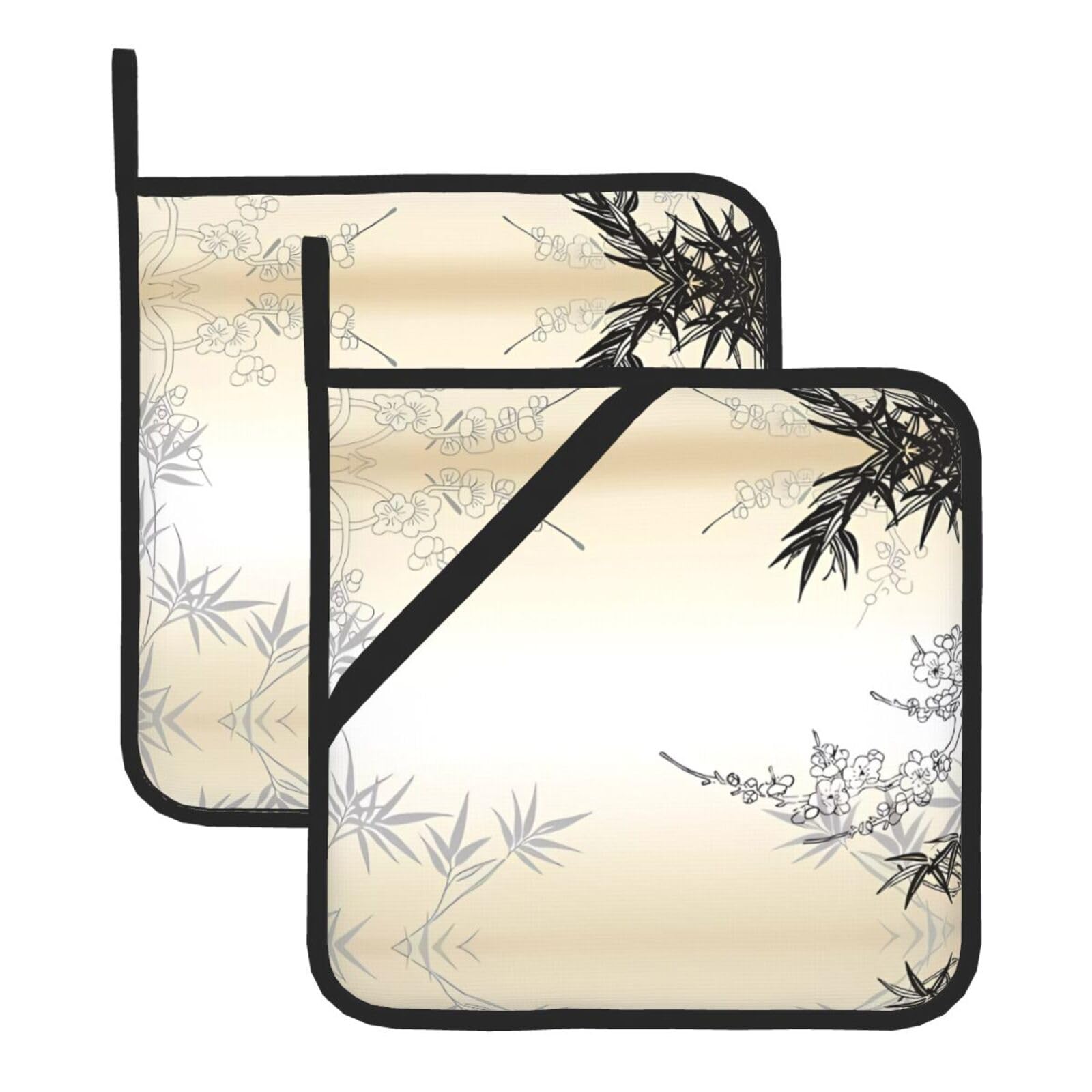 YYHHAOFA Bamboo and Cherry blossoms Tree Zen Prints Square Hot Pads - Durable Kitchen Covers for Heat Resistance, Waterproof Protection & Easy Cleaning - 2-Pack with Hanging Loops