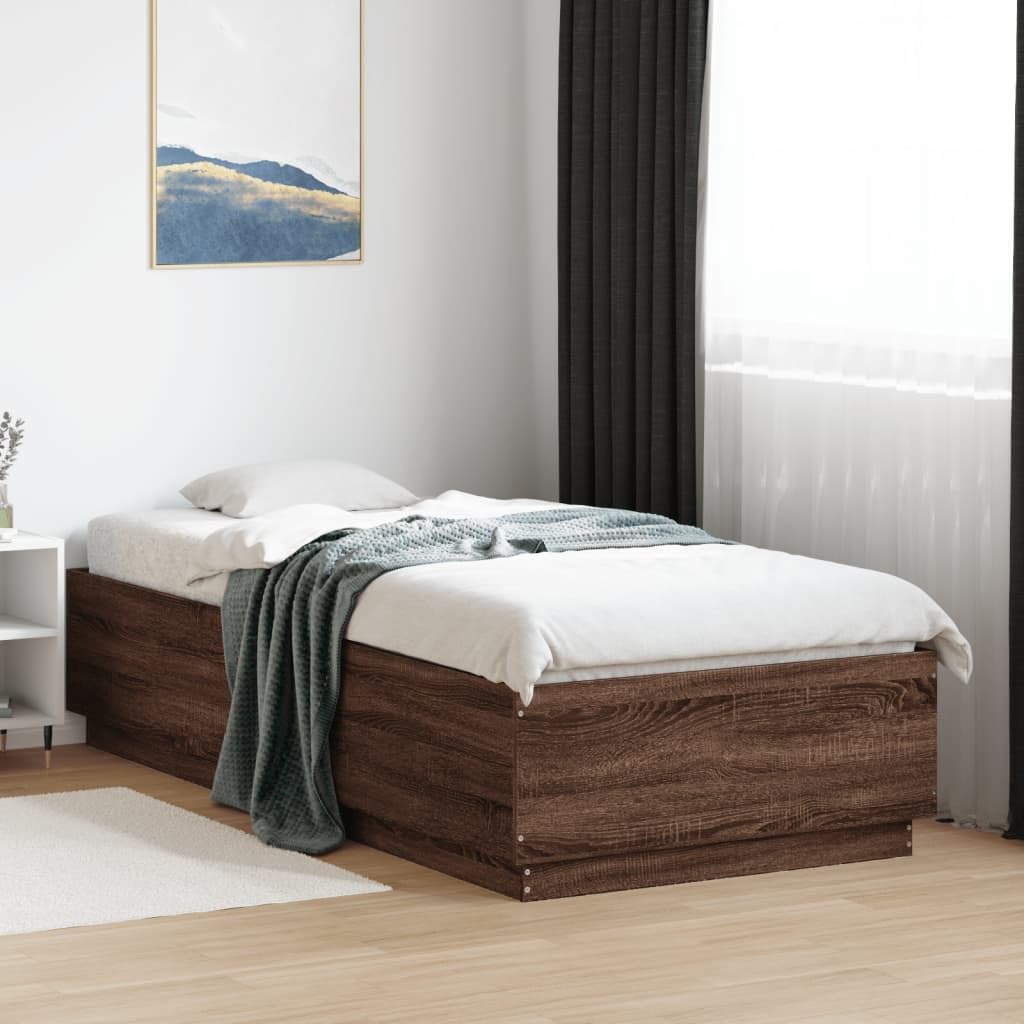 Bettgestell 90x200 cm Braun Eichen-Optik aus Holzwerkstoff mit Sperrholzlatten Modernes Design Robust und Langlebig für Jugendzimmer Erstwohnung und Gästezimmer