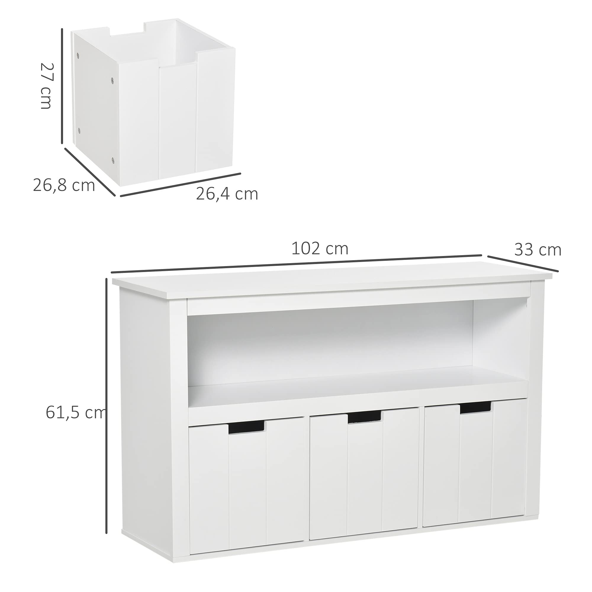HOMCOM Aparador de Salón con 3 Cajones Extraíbles 102x33x61,5 cm Blanco | Estantes Abiertos, para Libros Juguetes, Armario Auxiliar de Almacenamiento, para Dormitorio Cocina